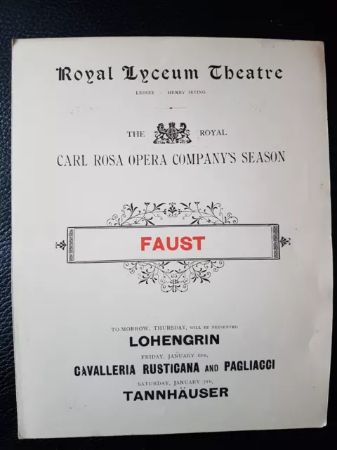 3/1/ 1893 FAUST By W.G. WILLS PROGRAMME. ROYAL LYCEUM THEATRE