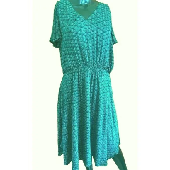 Merona Dress L Green Navy Midi Flowy Rayon V-Neck Flutter Sleeves