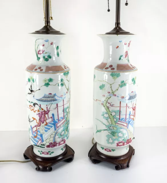 Antique Chinese Pair of Famille Rose Rouleau Vase Lamps Figures Daoguang Kangxi