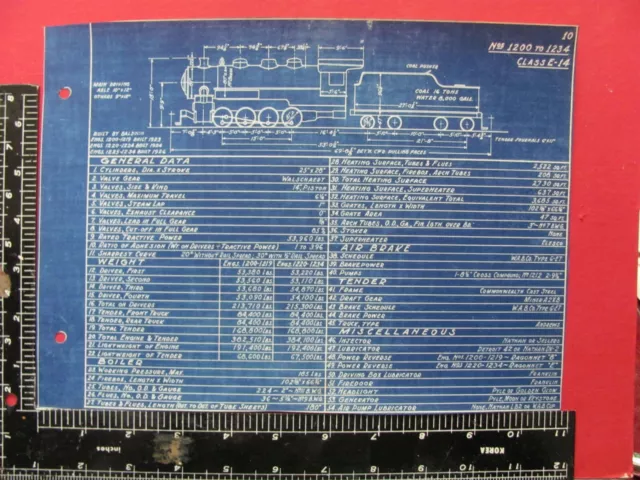 Atlantic Coast Line Railroad Orig Locomotive Blueprint #1200-1234 Data & Diagram