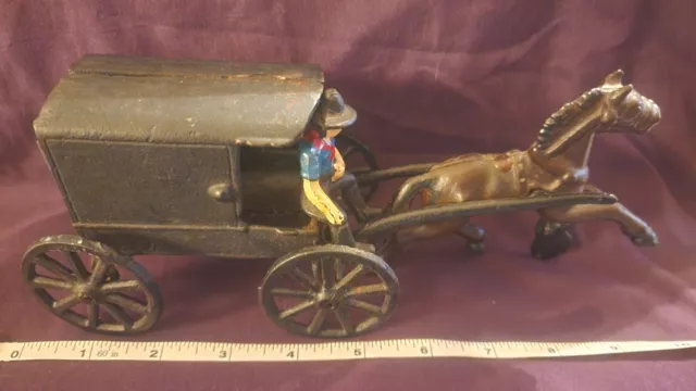 Cast Iron Metal Amish Family on Horse Drawn Carriage Wagon Buggy Antique