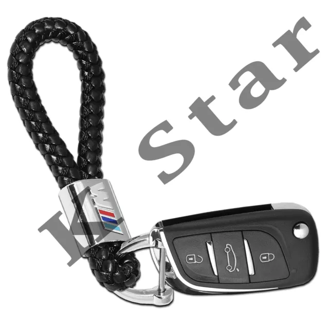 B M W  M-Sports Braided Black Pu Leather Metal Keyring Keychain Car Key