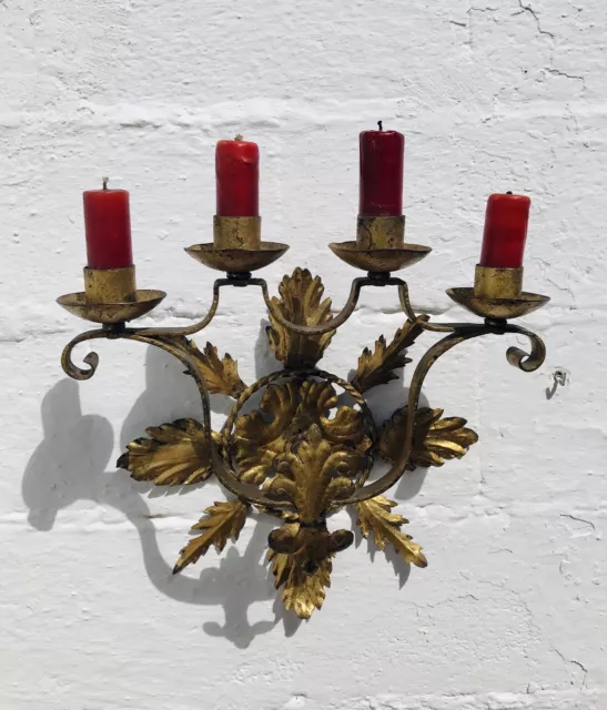 Antique Spanish Revival 4 Arm Wall Candle Candelabra Gilt Wrought Iron Gothic 2