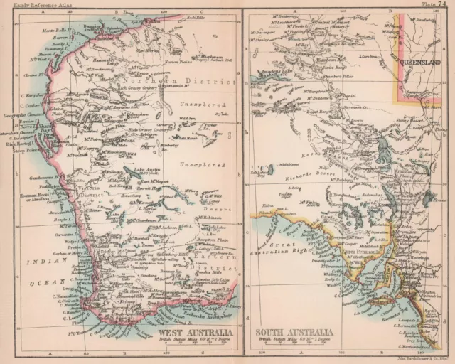 Western Australia & South Australia. BARTHOLOMEW 1888 old antique map chart