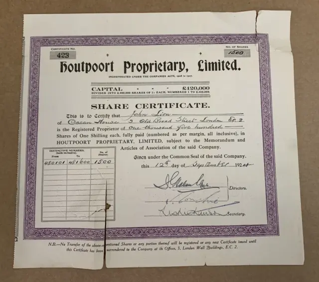 Houtpoort Proprietary, Limited - Share Certificate - No. 423 - 12/09/1924