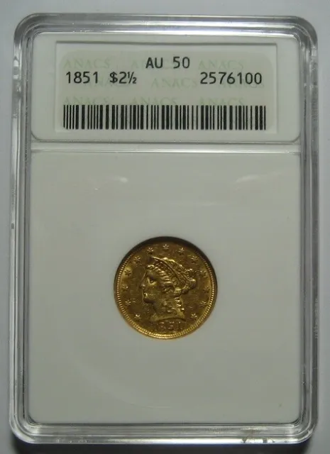 = 1851 AU50 ANACS $2.50 Liberty Gold Piece, Small Holder, FREE Shipping 2