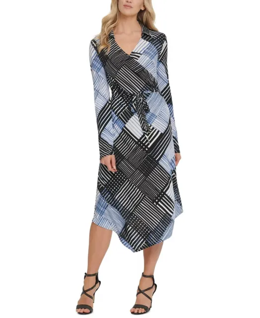 DKNY Women's Printed Faux-Wrap Dress Blue Size Medium