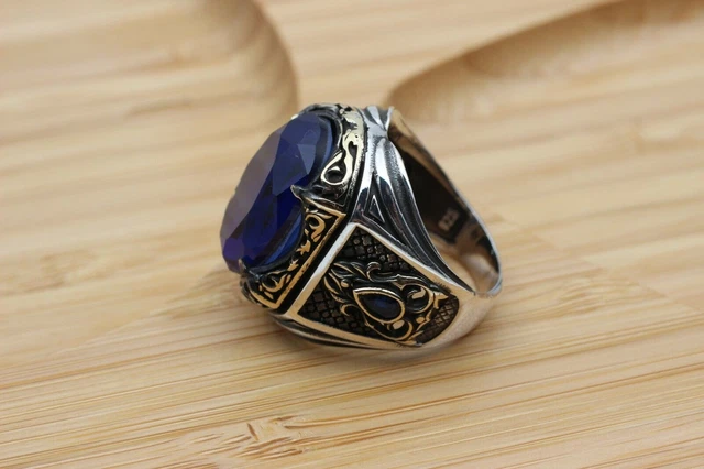 Bague pour homme en saphir faite à la main en argent sterling 925 avec... 4