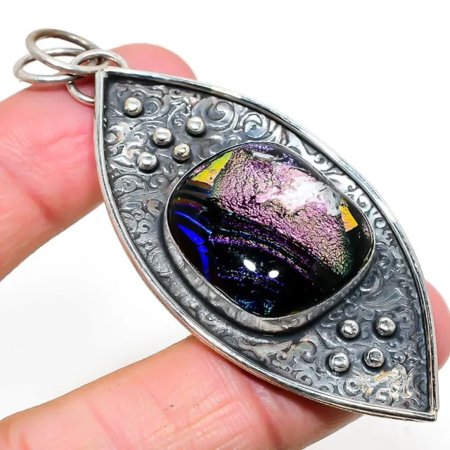 Mexican Dico Glass Gemstone 925 Sterling Silver Jewelry Pendant 3.03" Easter f38
