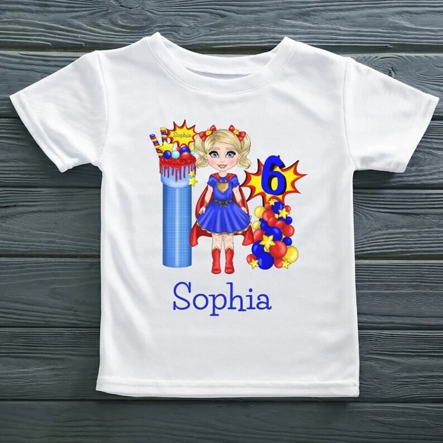 T-shirt compleanno supereroe bambina personalizzata, qualsiasi età, disegna la tua
