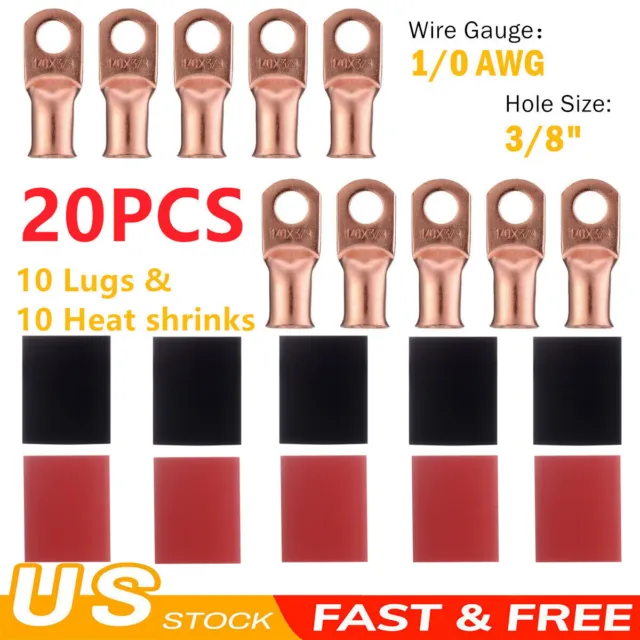 20x 1/0 AWG 3/8" Gauge Copper Lugs Heat Shrink Ring Terminals Wire Connector kit