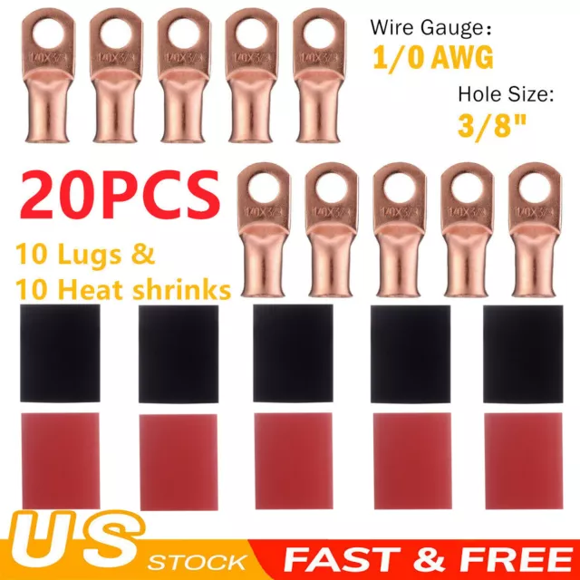 20x 1/0 AWG 3/8" Gauge Copper Lugs Heat Shrink Ring Terminals Wire Connector kit