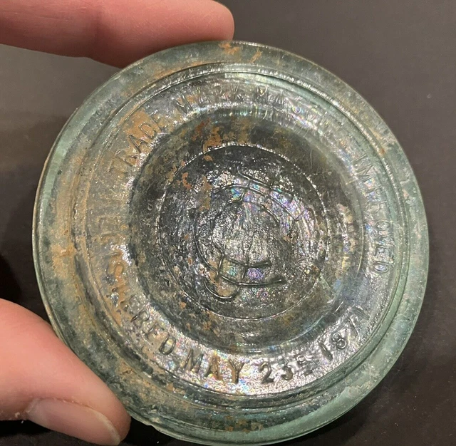 Antique Blue Glass Trade Mark Mason's Improved Jar Canning Lid 1871 As Found