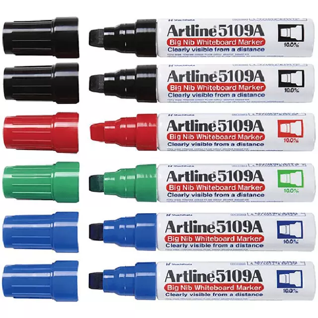 NEW Artline 5109A Whiteboard Marker 10mm Chisel Large NIB Assorted Colours Box 6