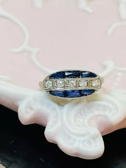 Art Deco Round Lab Created Diamond & Sapphire Wedding 14K White Gold Filled Ring