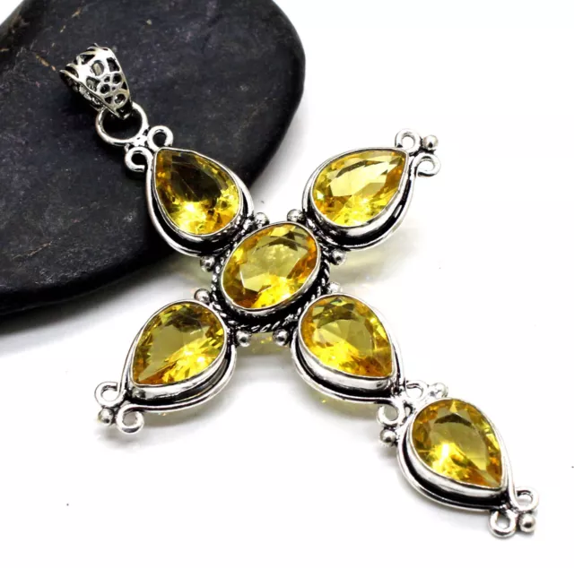 925 Sterling Silver Yellow Citrine Gemstone Jewelry Cross Pendant Size-3"