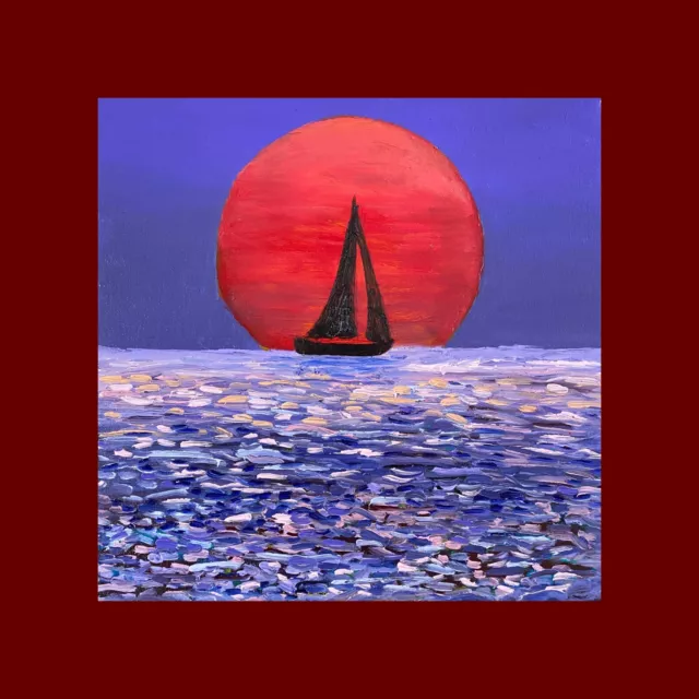 Oil Painting. Sunset with the boat. Oil painting on stretched canvas original.