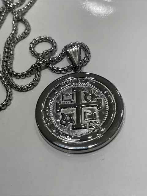 Atocha Stainless Steel 14k White Gold Plated Coin Pendant ShipWreck Necklace