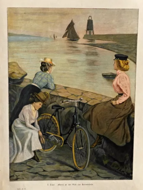 Fahrrad, Radtour - Mole in Świnoujście / Swinemünde - Grafik, Stich, um 1895