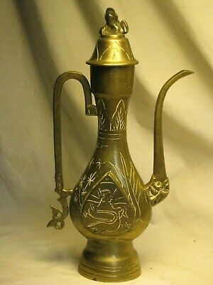 antique heavy brass China pitcher ewer ornate etched dragon floral Chinese art