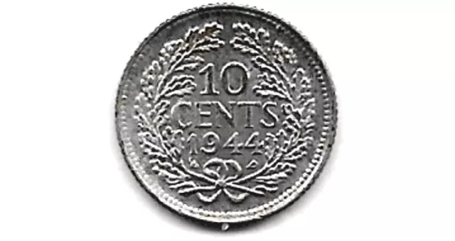 1944 P Netherlands 10 Ten Cents Silver KM 163 ASW 0.0288 Acron Privy High Grade