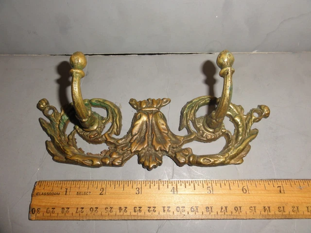 Antique Brass Double Hook Wall Decor Hanger Great For Coat Hat Etc Victorian Old 9