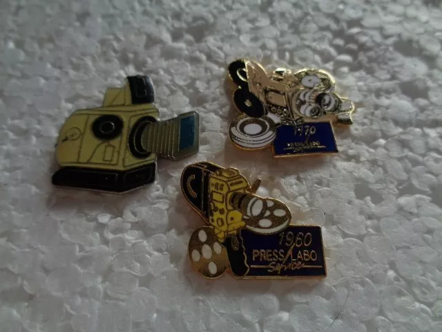 Job lot of 3 Vintage Cine camera shaped metal lapel pins