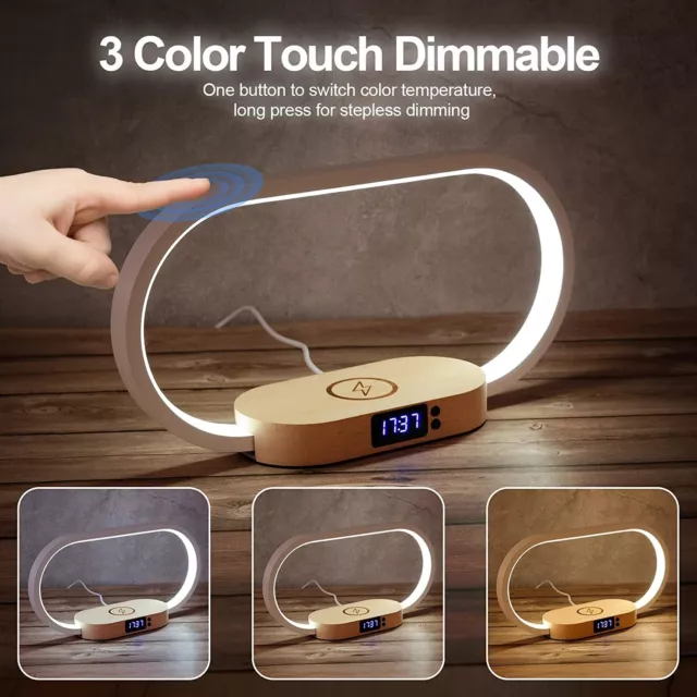 Lampada da Comodino Scrivania Tavolo LED Ricarica Smartphone Wireless e Orologio 2