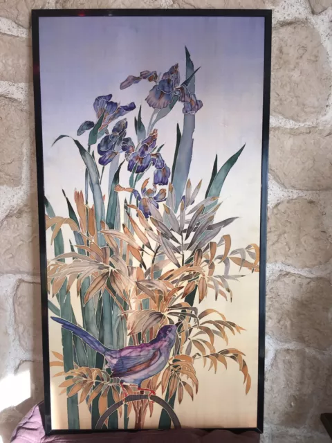 Gemälde Auf Seide Unterzeichnet Aria Iris Und Vogel De Camargue Aigues-Mortes