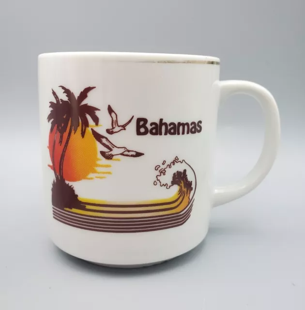 Bahamas Coffee Tea Mug Cup Palm Trees Seagulls Water Waves Clouds Vintage Retro