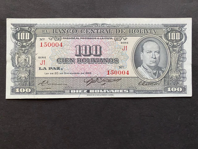 BOLIVIA, 1945, Billete Banco Central de Bolivia, 100 BOLIVIANOS, Serie J1, UNC