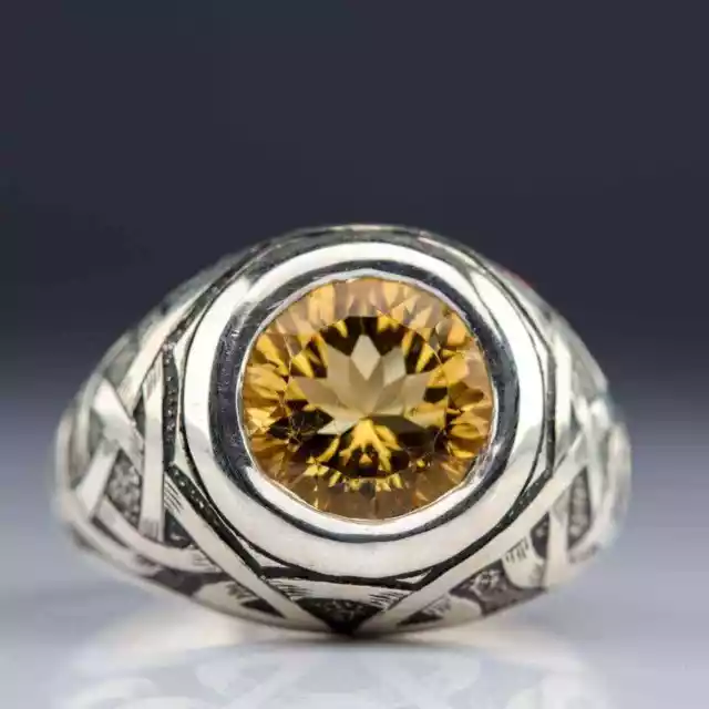 Men's Unique Round Shape 5.20CT Yellow Citrine Wedding Fine Ring In 935 Silver