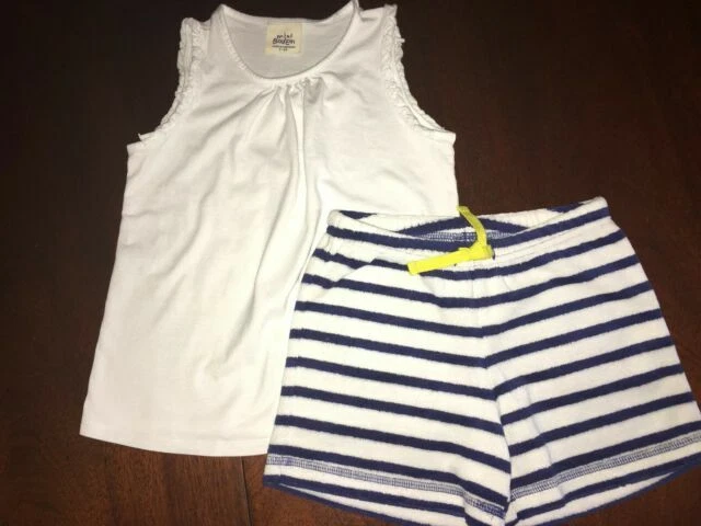 7 Mini Boden Outfit NWT Blue Striped Toweling Shorts & White Flutter Sleeve Top