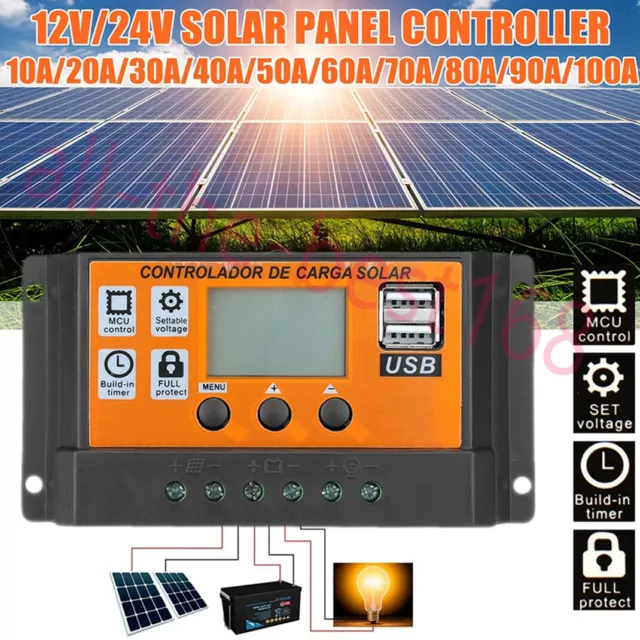 10-100A MPPT PWM Solar Panel Regulator Battery Charge Controller 12/24V Dual USB