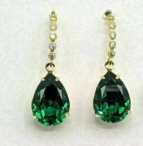 4Ct Pear Cut Simulated Green Emerald Drop Dangle Earrings 14K Yellow Gold Plated