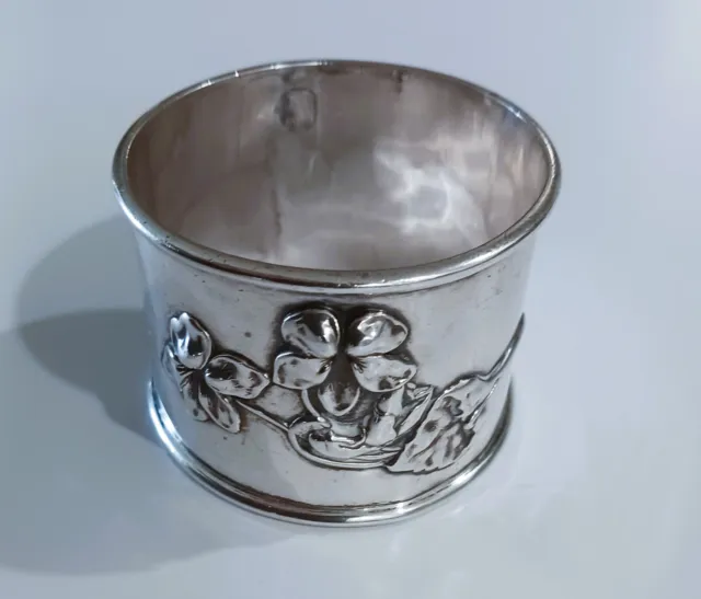 Antique Sterling Silver Napkin Ring with repousse Flower - Engraved Initials