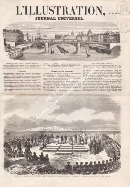 Gravure 1858 Engraving, Toulon Obsèques des victimes du Vaisseau-Ecole Suffren