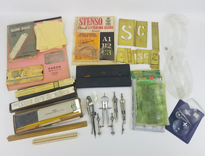 LOT VINTAGE DRAFTING Measuring Tools Slide Rules Compass Brass Paper