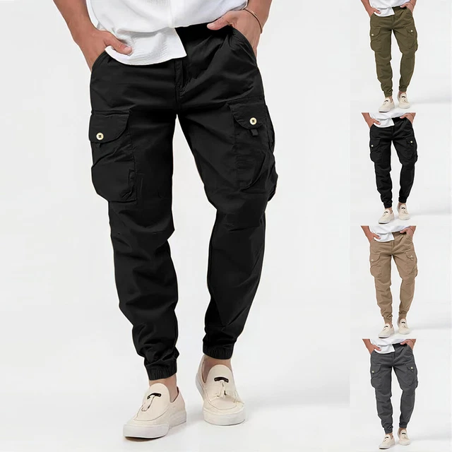 Men's Elasticated Waist Cargo Combat Work Trousers Pocket Cuffed Joggers Pants