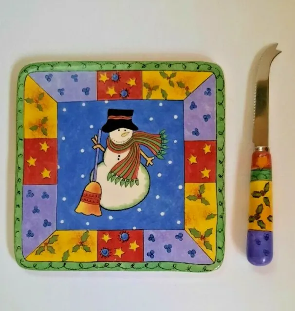 SANGO Sweet Shoppe Christmas Snowman Cheese Tray with Knife New in Box