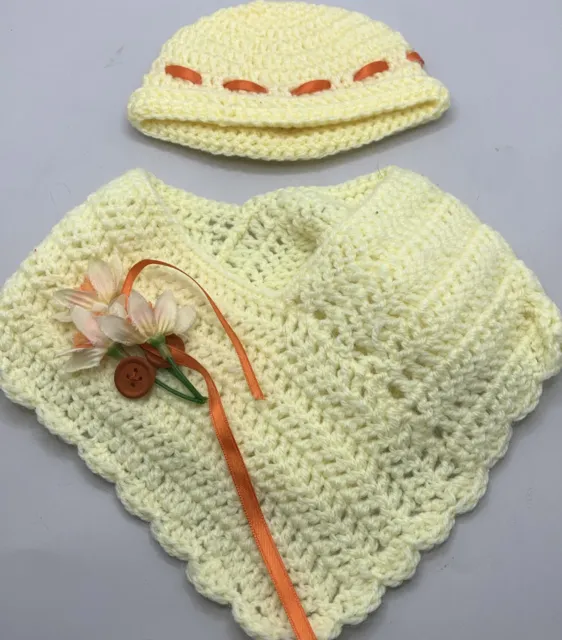 Vintage  Crochet Knitted yellow orange  Shawl Clothes doll spring easter flowers