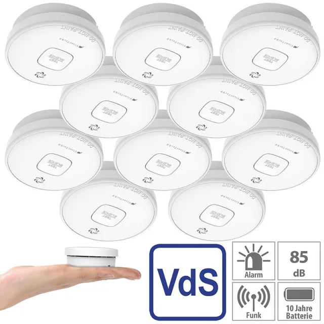 VisorTech 10er-Set fotoelektrische Rauchwarnmelder, 10-J.-Batterie, 85 dB, VdS 3