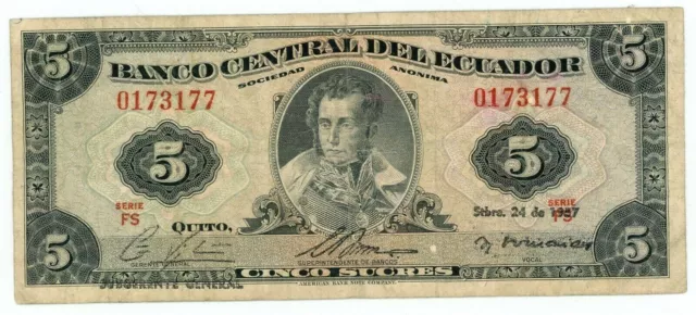 Ecuador … P-100a … 5 Sucres … Sept-24-1957 … Choice *F-VF* Serie "FS"
