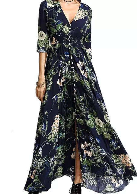 Women's Black Floral Long Flowy Button Up Maxi Boho Dress 3/4 Sleeves Size XL