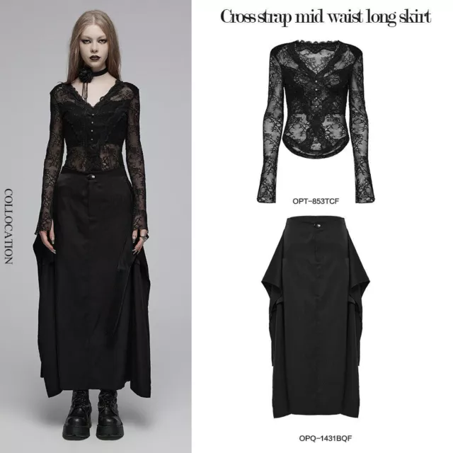 Punk Rave Women Black Gothic Daily Wear Cross Strap Mid Waist A-Line Long Skirt