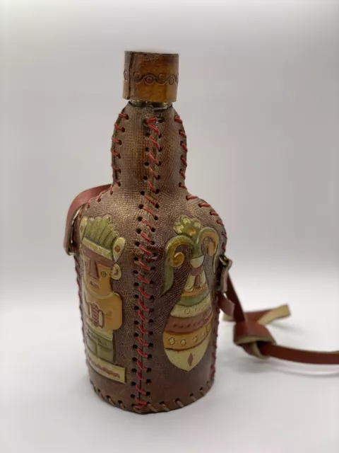 Vintage Handmade  Leather Covered Glass Bottle Canteen