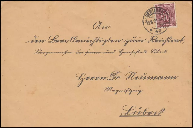 66 Dienst 60 Pf. EF auf Brief Büro des Reichsrats BERLIN 13.8.1922 nach Lübeck