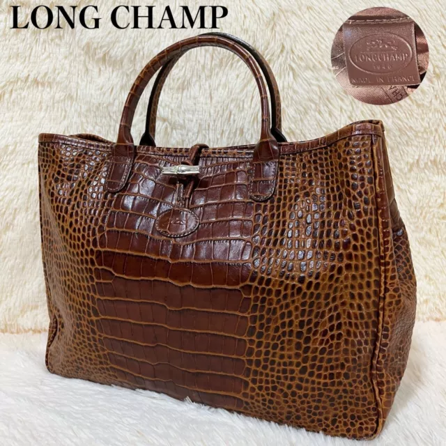 LONGCHAMP Roseau Embossed Brown Leather HandBag Tote Made in France from japan