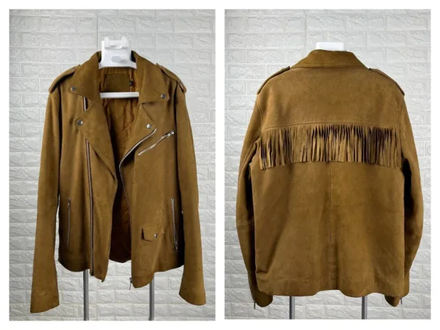 Rare ASOS Real Leather Suede Premium Biker Western Fringe Back Jacket Camel Sz L