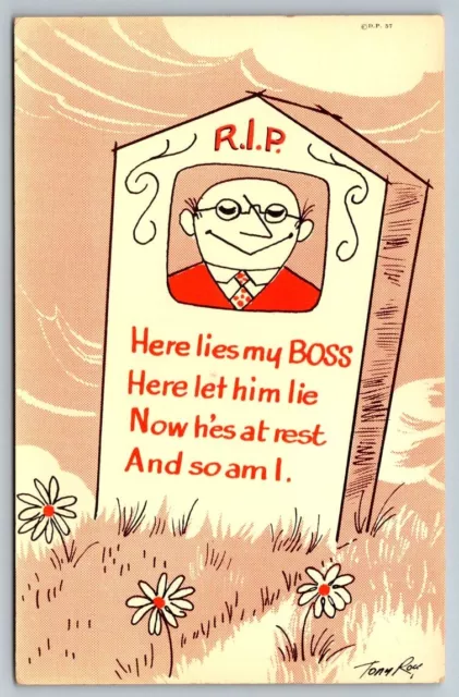Vintage Saucy Cartoon Humor Postcard - Here Lies my Boss